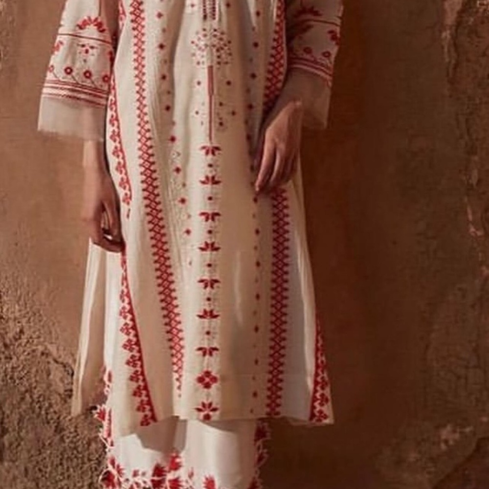 Elegant Red and Cream Embroidered Dress